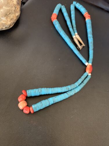 Southwestern Santo Domingo Pink Coral Blue Turquoise Jacla Necklace | 20" | Authentic Native American Handmade | 12516