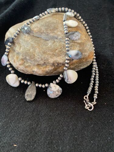 Navajo Pearls Pear Shape Necklace | Sterling Silver Black Rutile Opal Teardrop | Authentic Native American Handmade | 4088