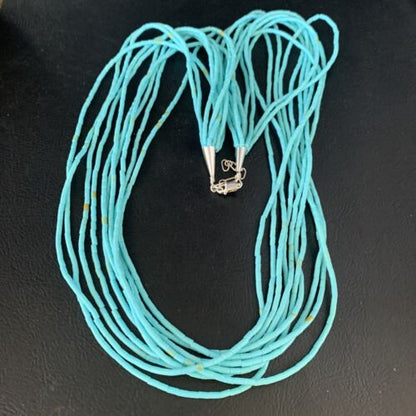 Navajo Blue Turquoise Heishi 10-Strand Liquid Sterling Necklace | 24" | Authentic Native American Handmade | 13424