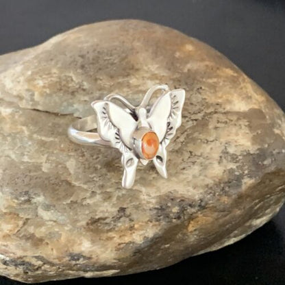 Navajo Orange Spiny Oyster Butterfly Ring | Sterling Silver | Sz Adj 8 | Authentic Native American Handmade | 10343
