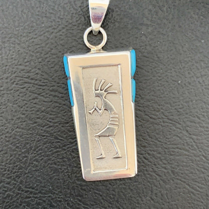 Navajo Kokopelli Stamp Turquoise Inlay Pendant | Sterling Silver | Authentic Native American Handmade | 10958 - Masha USA