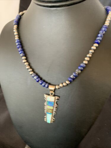 Navajo Pearls Necklace with Blue Lapis & White Opal Inlay Pendant | Sterling Silver | 11631