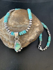 Men's Blue Turquoise Pendant Necklace | Navajo Pearls | Sterling Silver | Authentic Native American Handmade | 13202