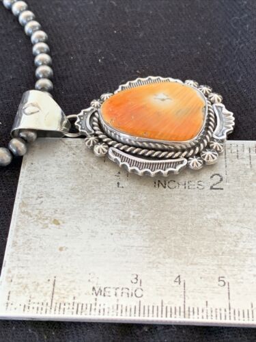 Navajo Orange Spiny Oyster Pendant Necklace | Sterling Silver Pearls | Authentic Native American Handmade | 00777