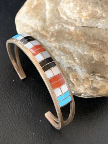 Navajo Sterling Silver Multi-Color Inlay Bracelet | Turquoise | Native American Jewelry | 12919