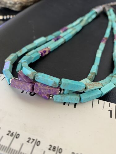 Navajo Blue Turquoise Jasper Bead Necklace | 3-Strand Sterling Silver | 24" | Authentic Native American Handmade | 12512
