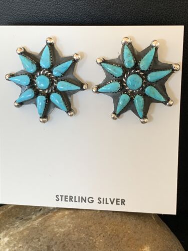 Navajo Blue Cluster Turquoise Stud Earrings | Sterling Silver | Authentic Native American Handmade | 12303