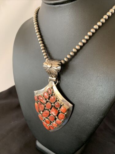 Navajo Red Spiny Oyster Pendant | Sterling Silver | Authentic Native American Handmade | 11514
