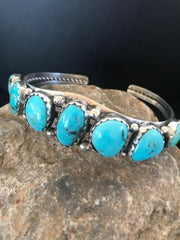 Navajo 7 Stone Turquoise Bracelet by Platero | Sterling Silver | Authentic Native American Handmade | 8309