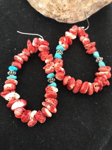 Navajo Spiny Oyster & Turquoise Sterling Silver Earrings | Authentic Native American
