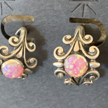 Native American Women's Navajo Hoop Earrings Set | Sterling Silver Pink Opal | 12764