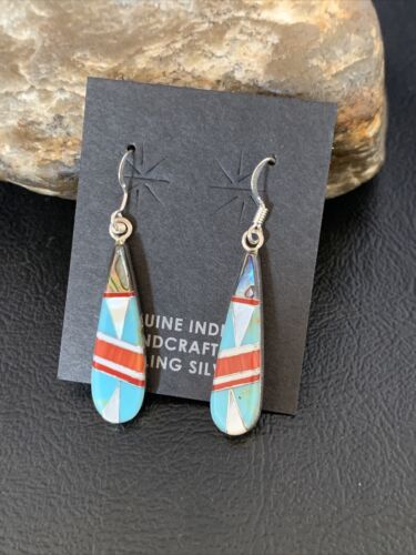 Navajo Multi-Color Turquoise Spiny Opal Inlay Earrings | Sterling Silver | 1.5" | 12999