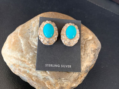 Southwestern Women's Blue Turquoise Nugget Earrings | Sterling Silver | Authentic Native American Handmade | 13012