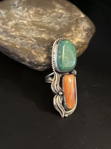 Navajo Turquoise Spiny Oyster Multi-Stone Ring | Authentic Native American Sterling Silver | Multi-Stone | Sz 8 | 14494