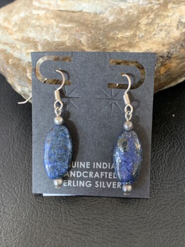 Navajo Blue Lapis Lazuli Bead Dangle Drop Earrings | Sterling Silver | Authentic Native American Handmade | 13062