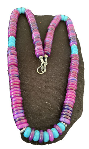 Navajo Sterling Silver Necklace | Purple Sugilite & Turquoise Beads | Authentic Native American Handmade | 21" | 1170