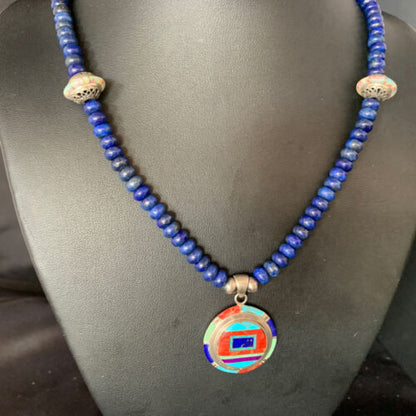 Authentic Native American Navajo Necklace | Sterling Silver with Turquoise, Lapis & Opal Pendant | 13981