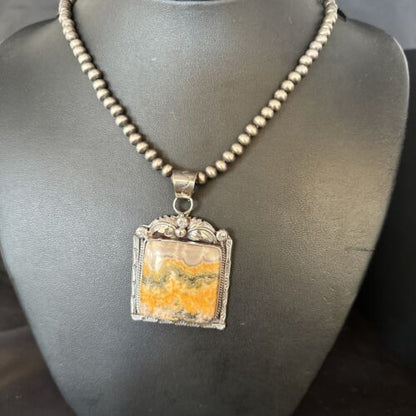 Navajo Bumblebee Jasper Pendant Necklace | Canary Yellow | Sterling Silver | Authentic Native American Handmade | 14249