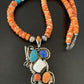 Navajo White Buffalo, Blue Turquoise Spiny Oyster Multi-Stone Pendant | Authentic Native American Sterling Silver | Multi-Stone | 02188