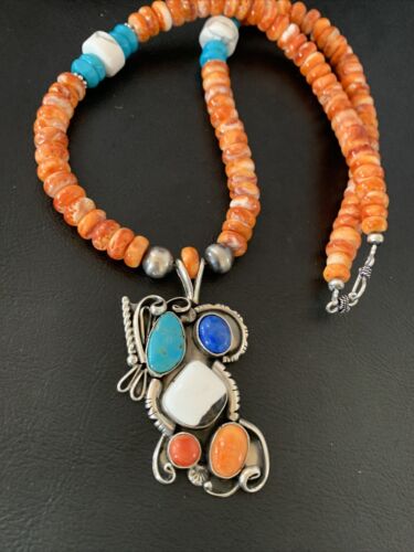 Navajo White Buffalo, Blue Turquoise Spiny Oyster Multi-Stone Pendant | Authentic Native American Sterling Silver | Multi-Stone | 02188