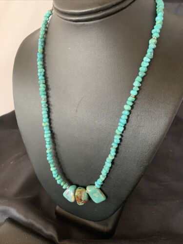 Navajo Blue Turquoise Nugget Pendant Necklace | Sterling Silver Pearls | 20" | Authentic Native American Handmade | 12445