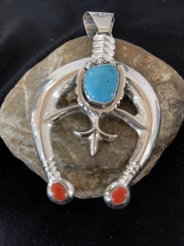 Navajo Sterling Silver Naja Pendant | Turquoise & Spiny Oyster | Authentic Native American Handmade | 1060