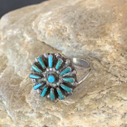 Zuni Blue Turquoise Multi-Stone Cluster Ring | Authentic Native American Sterling Silver Needle Point | Sz 7 | 10741