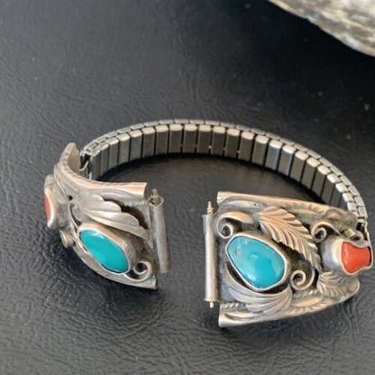 Navajo Sterling Silver Watch Tips | Old Pawn Turquoise & Coral Band | Authentic Native American Jewelry | 11931
