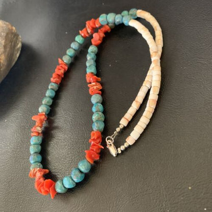 Southwestern Santo Domingo Red Coral Blue Turquoise Necklace | 28" | Authentic Native American Handmade | 12681