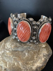 Navajo Red Spiny Oyster Cuff Bracelet | Sterling Silver | Authentic Native American Handmade | 01107