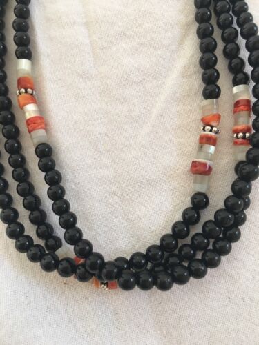 Navajo Native American Turquoise Spiny Oyster Onyx 3 Strand Sterling Silver Necklace | 21"