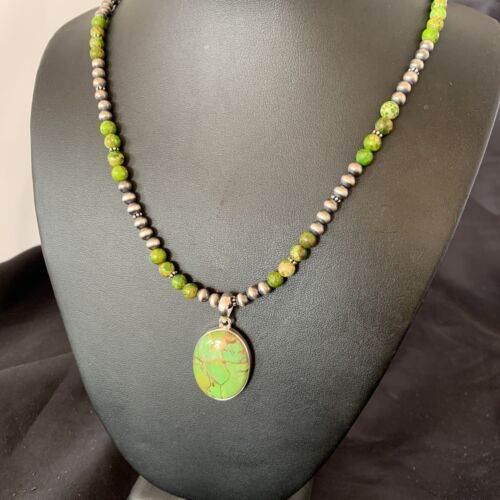Navajo Pearl Necklace with Green Mojave Turquoise Pendant | Sterling Silver | 11757