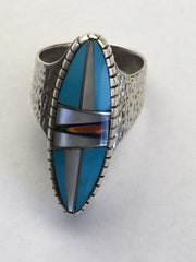 Navajo Multi-Color Opal & Turquoise Inlay Ring | Sterling Silver | Sz 8 | Authentic Native American Handmade | 01593