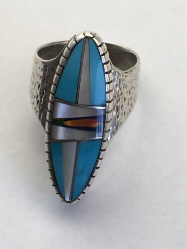 Navajo Multi-Color Opal & Turquoise Inlay Ring | Sterling Silver | Sz 8 | Authentic Native American Handmade | 01593