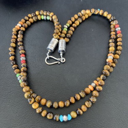 Navajo Tigers Eye Spiny Oyster Turquoise Necklace | Sterling Silver | 20" | Authentic Native American Handmade | 11834