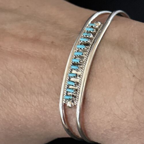 Zuni Blue Turquoise Needle Point Cuff Inlay Bracelet | Sterling Silver | Authentic Native American Handmade | 14594