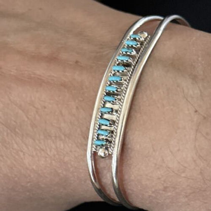Zuni Blue Turquoise Needle Point Cuff Inlay Bracelet | Sterling Silver | Authentic Native American Handmade | 14594