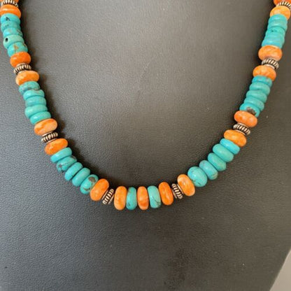 Navajo Blue Turquoise & Spiny Oyster Necklace | Sterling Silver | Authentic Native American Handmade | 18" | 1676