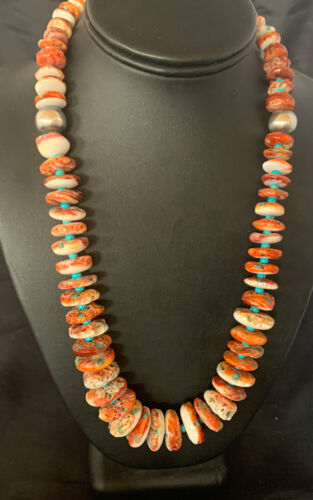 Navajo Turquoise & Red Spiny Oyster Necklace | Sterling Silver | Authentic Native American | 24" | 12734