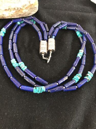 Turquoise Denim Lapis Multi Strand Navajo Necklace | Sterling Silver 23" | Southwestern | 3318 - Masha USA