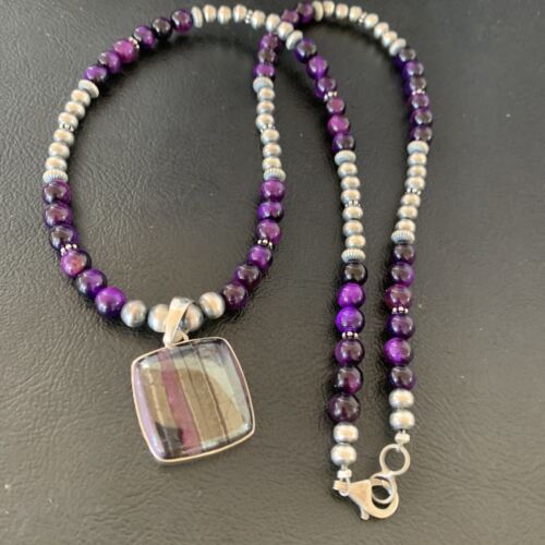 Women's Navajo Pearls Necklace with Purple Sugilite and Onyx Pendant | Sterling Silver | 13393