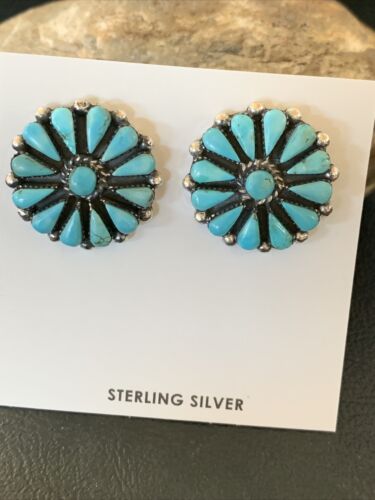 Navajo Blue Cluster Turquoise Stud Post Earrings | Sterling Silver | Authentic Native American Handmade | 12301