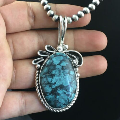 Navajo Pearls Sterling Silver Pendant with Blue Spiderweb Turquoise | 2.5" | Authentic Native American Handmade | 10164