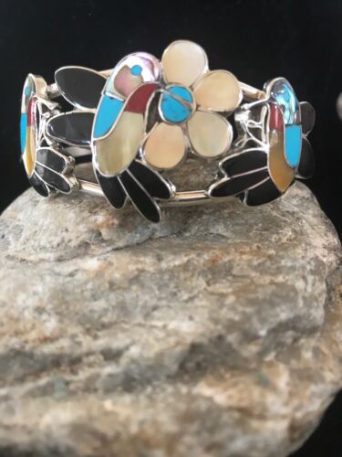 Zuni Sterling Inlay Hummingbird Bracelet | Multi Stone Turquoise | Old Pawn  | 7.5" | 8299