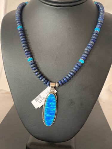 Navajo Pearls Opal Pendant with Blue Lapis & Turquoise | Sterling Silver Necklace | Authentic Native American Handmade | 4146