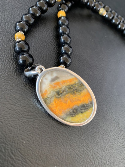 Men's Navajo Pearls Onyx Bumblebee Jasper Necklace Pendant | Sterling Silver | Native American Handmade | 10325