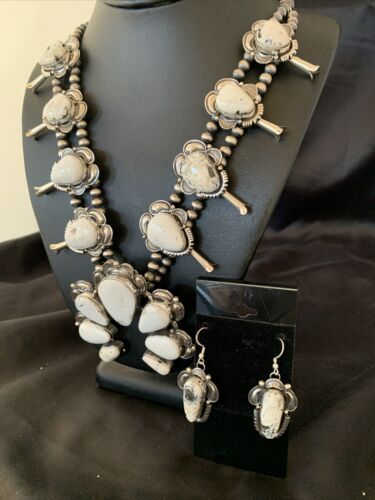 Navajo White Buffalo Turquoise Sterling Squash Blossom Necklace | Naja Pendant | 10957