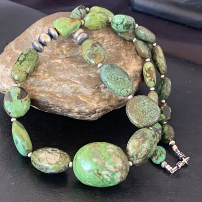 Navajo Sterling Silver Graduated Green Nugget Turquoise Necklace | Authentic Native American | 21" | 10725