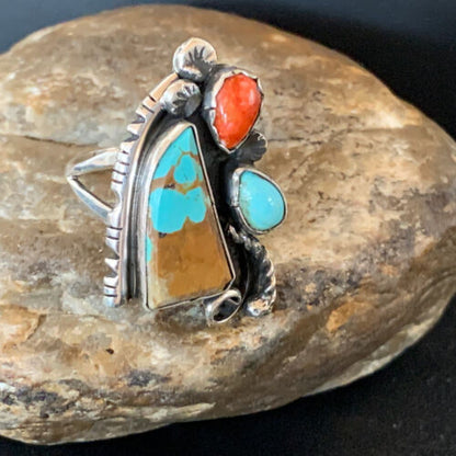 Southwestern Multi-Stone Men's Ring | Authentic Native American Sterling Silver | Turquoise & Spiny Oyster | Sz 11 | 02166