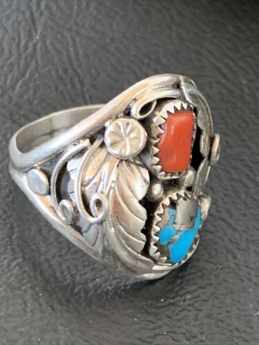 Navajo Feather Ring with Blue Kingman Turquoise, Coral, and Multi-Stone | Authentic Native American Sterling Silver | Sz 11 | 12216